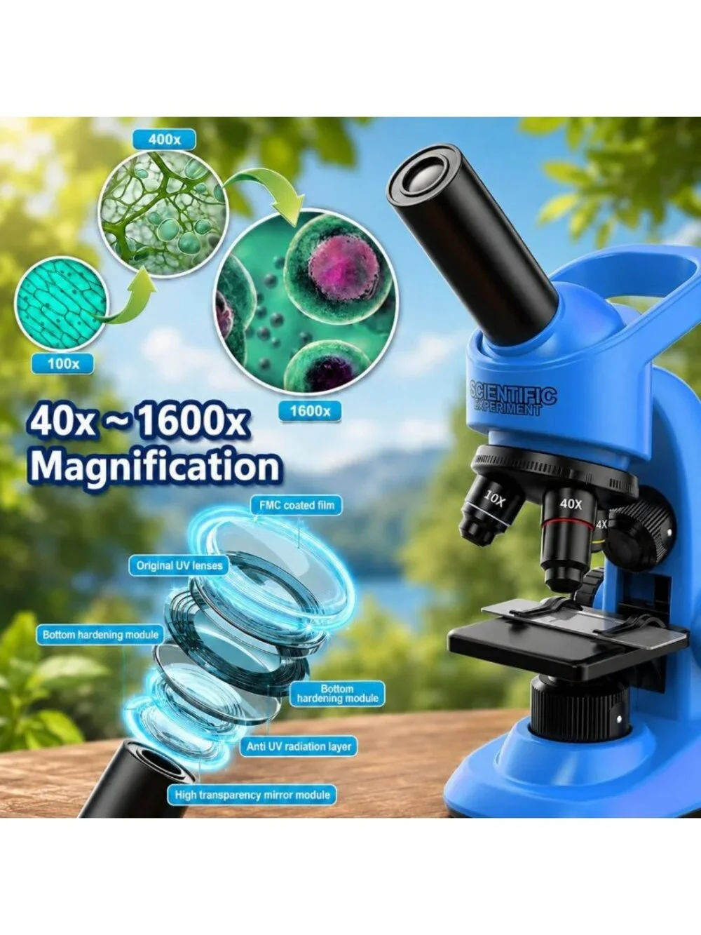 Kids Microscope STEM Kit 40-1600x with LED Light, Prepared Slides & Tools